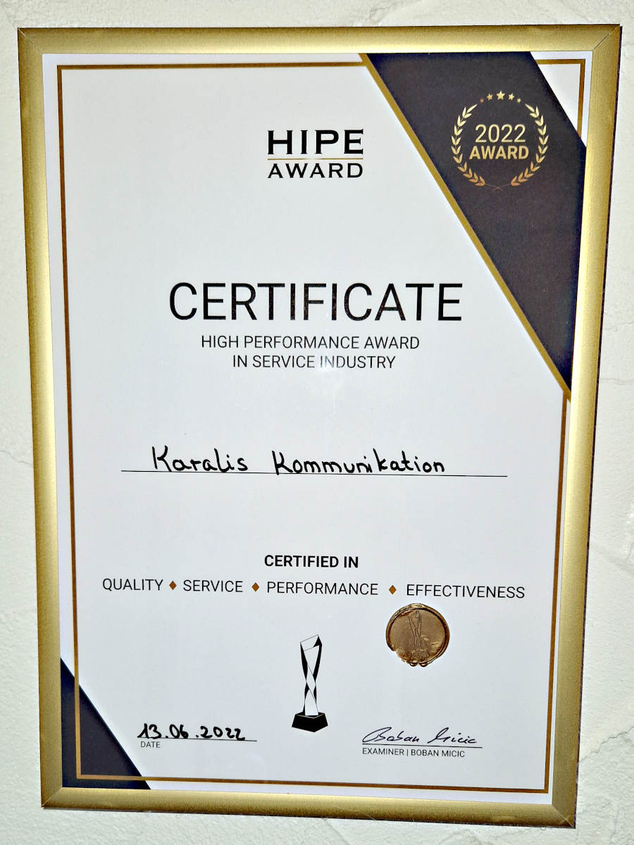 HIPE Award Zertifikat