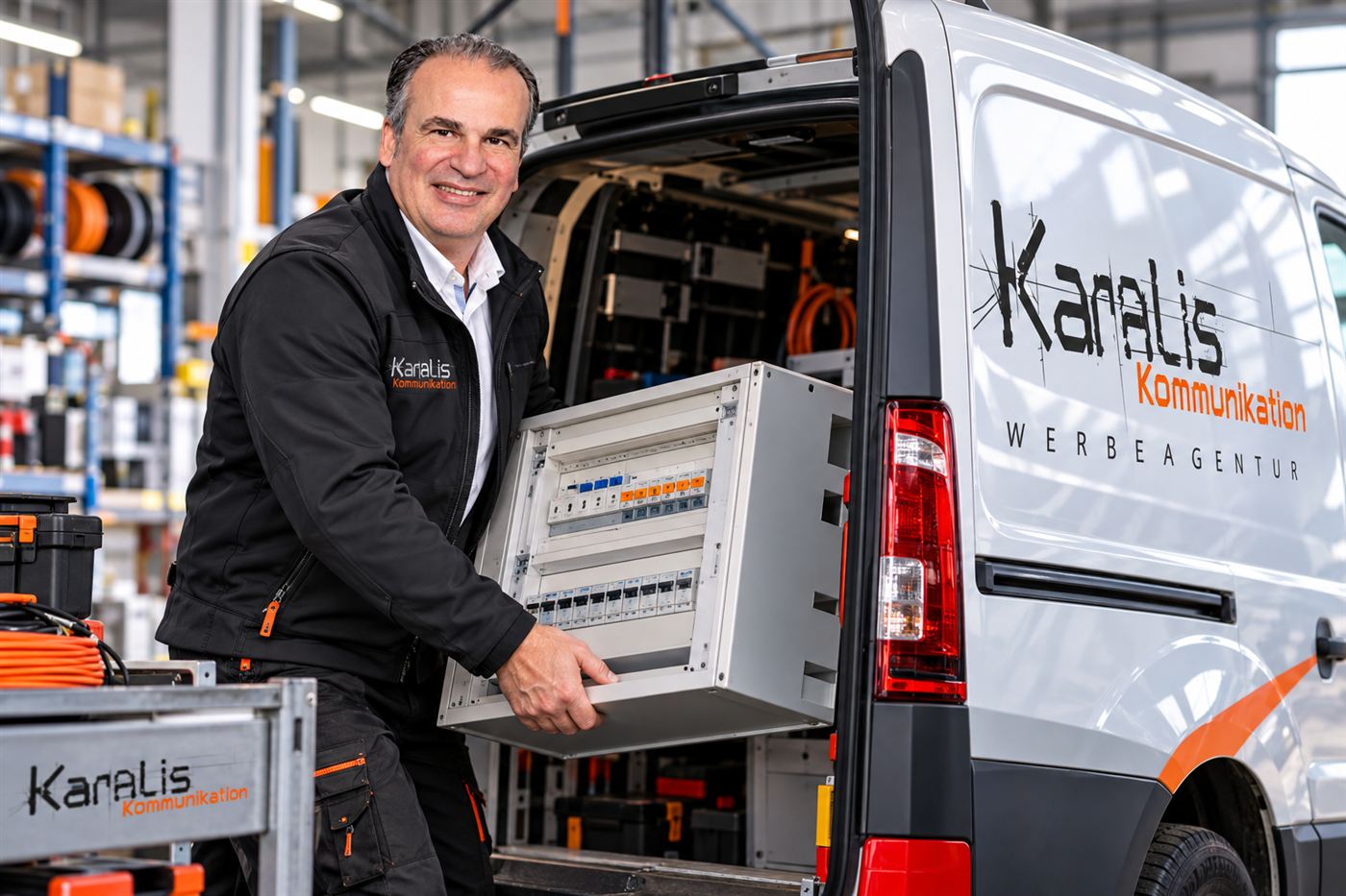 Jean Karalis lädt in der Halle eines Elektrikerbetriebs einen Schaltschrank in ein Fahrzeug von Karalis Kommunikation