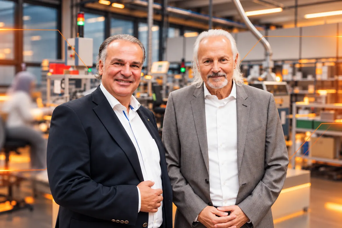Jean Karalis mit Edwin Lotter, Geschäftsführer der LP Montagetechnik GmbH in Erlangen, beim Termin vor Ort